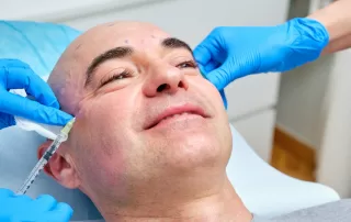 Smiling mature man getting anti-wrinkle treatment on his face with botulinum toxin